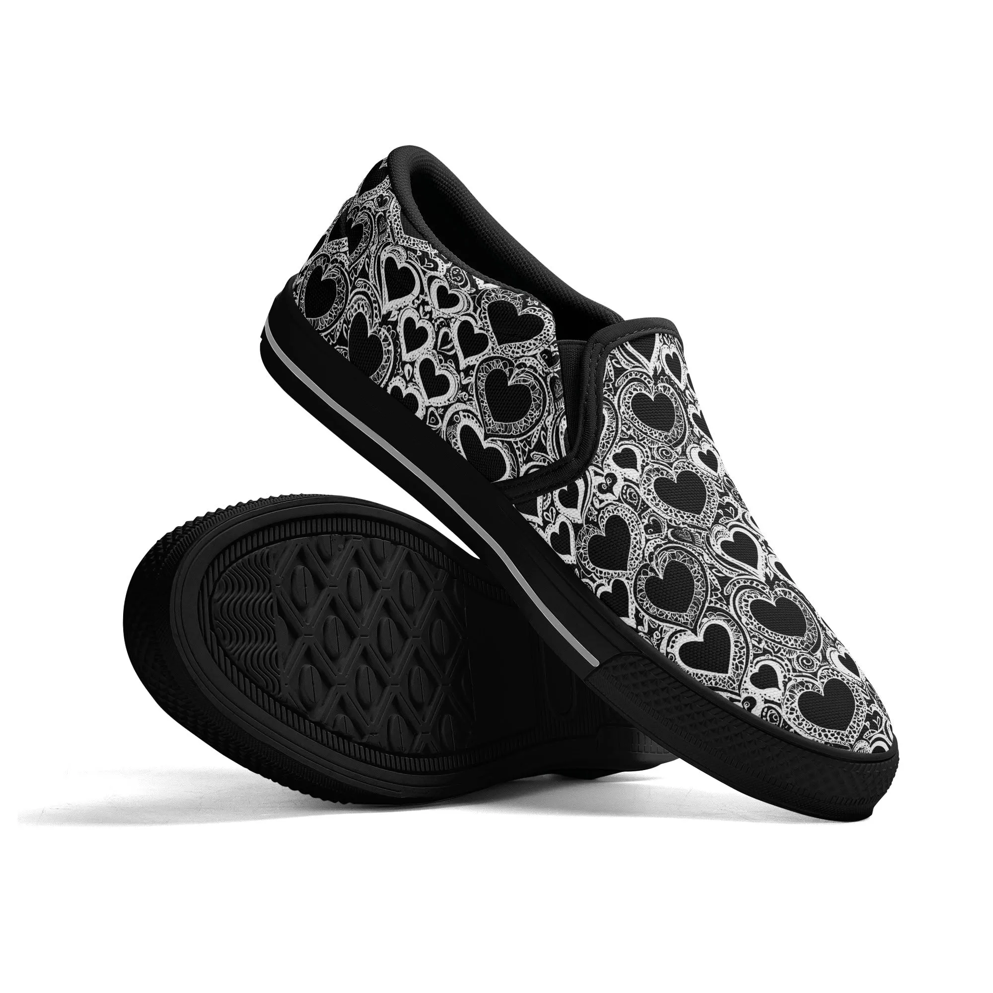 Mens Black and White Groovy Hearts Rubber Slip On Shoes