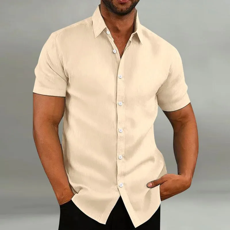 Men's Casual Cotton Linen Loose Lapel Slim Fit Short-sleeved Shirt 21811775M