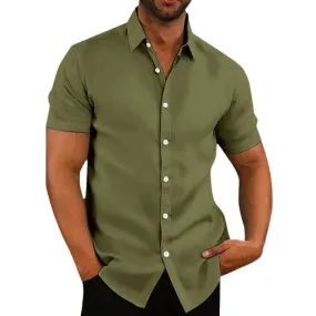 Men's Casual Cotton Linen Loose Lapel Slim Fit Short-sleeved Shirt 21811775M