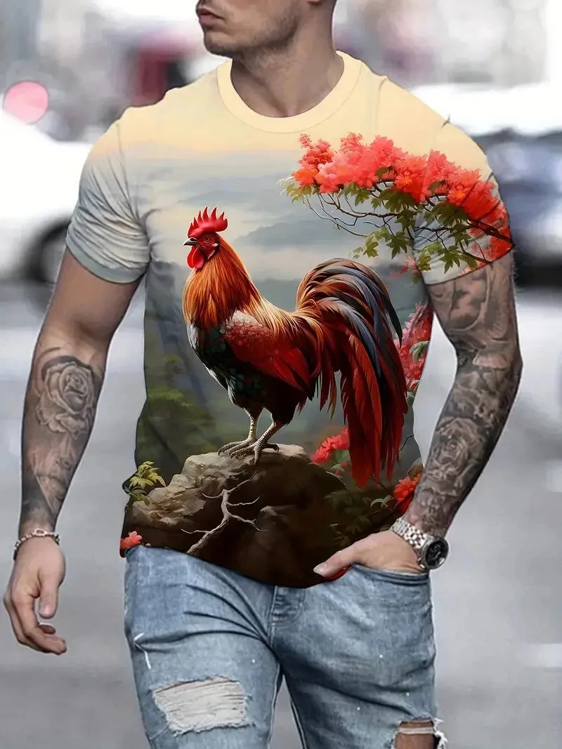 Men's eye-catching rooster pattern printed T-shirt with lightweight short sleeved round neck outdoor exploration and daily style.