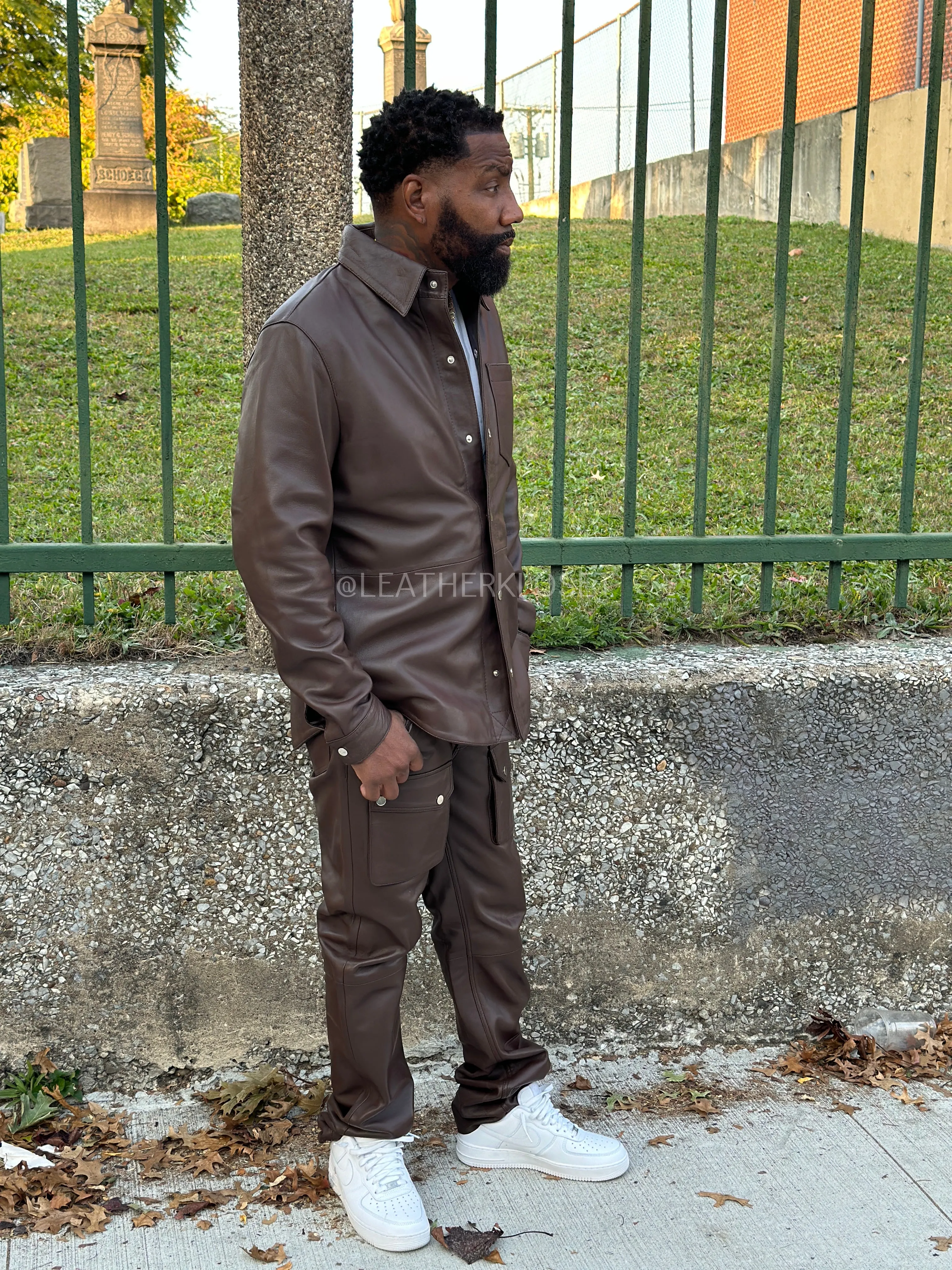 Men's Luka Leather Shirt And Cargo Pants Set [Chocolate Brown]