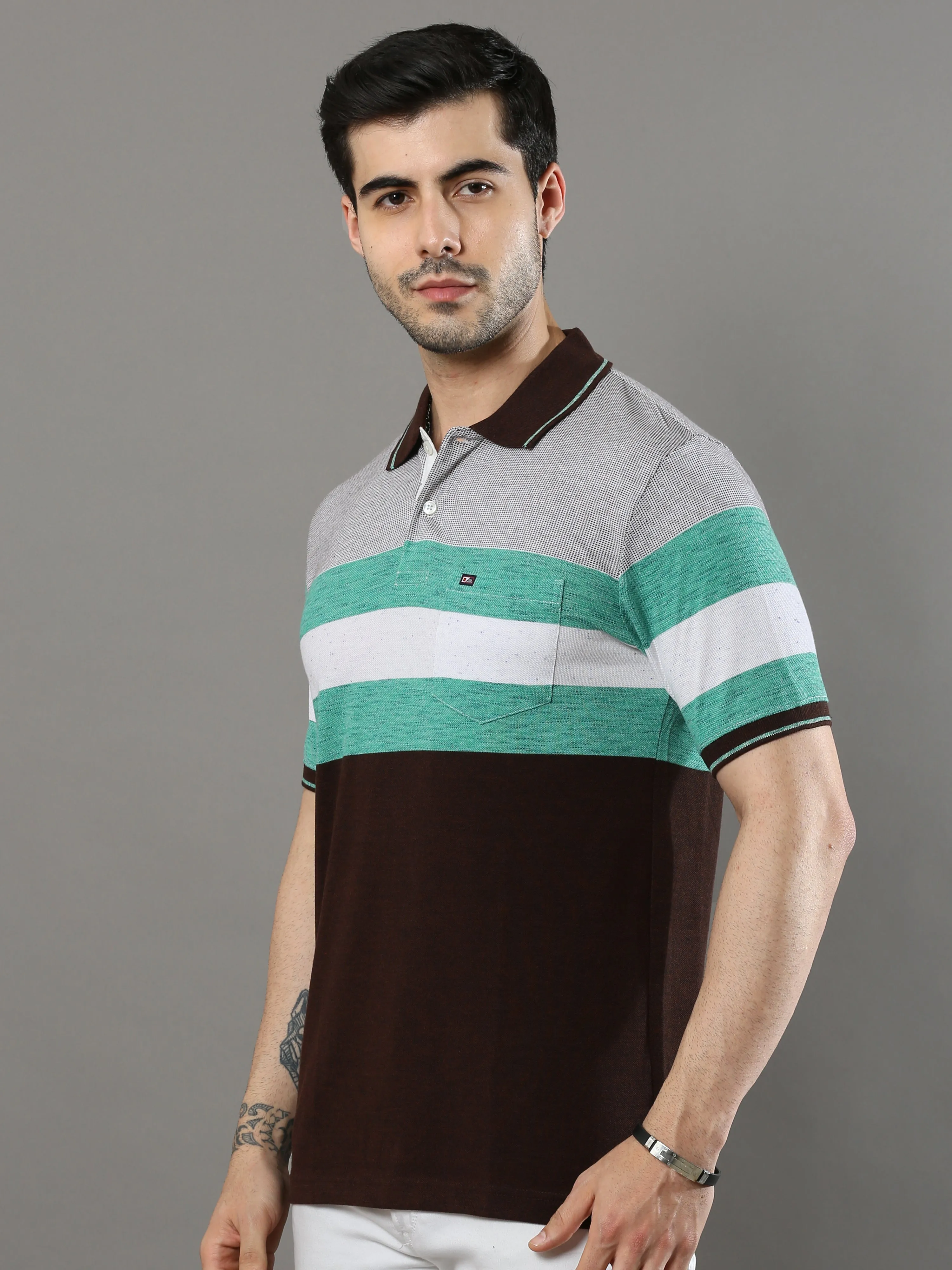 Men's Multicolors Regular Fit Stripe Half Sleeves Polo Neck T-Shirt