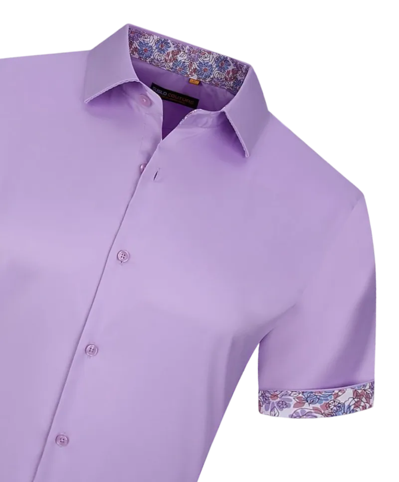 Men's purple lilac short sleeve casual shirts stretch material fancy design on the sleeves