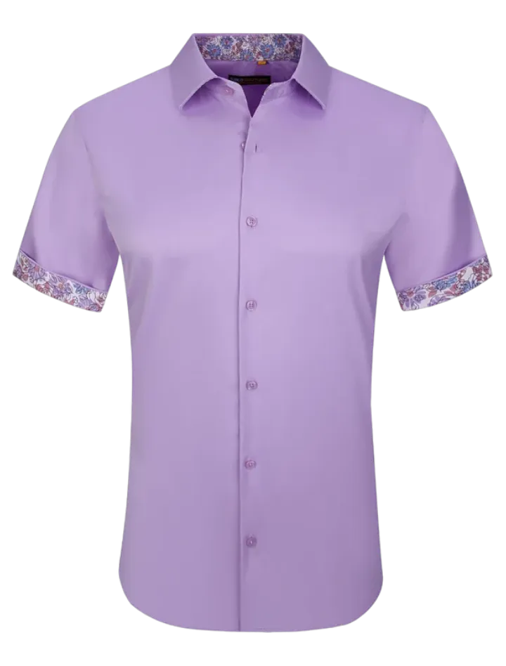 Men's purple lilac short sleeve casual shirts stretch material fancy design on the sleeves