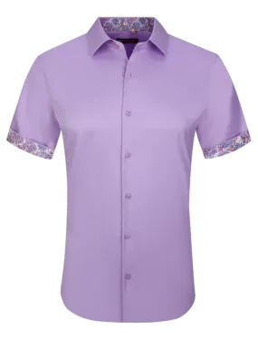 Men's purple lilac short sleeve casual shirts stretch material fancy design on the sleeves