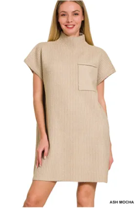 !Mock neck short sleeve sweater dress with pocket