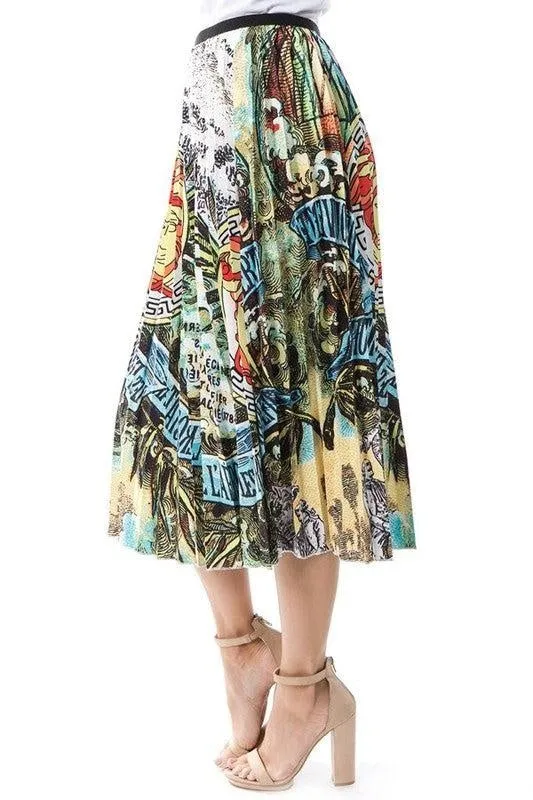 Multi Print Pleated Skirt