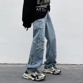 New Fashion Stars Embroidery Brown Baggy Men Jeans Y2K Clothes Straight Harajuku Wide Leg Denim Pants Cotton Trousers 2023