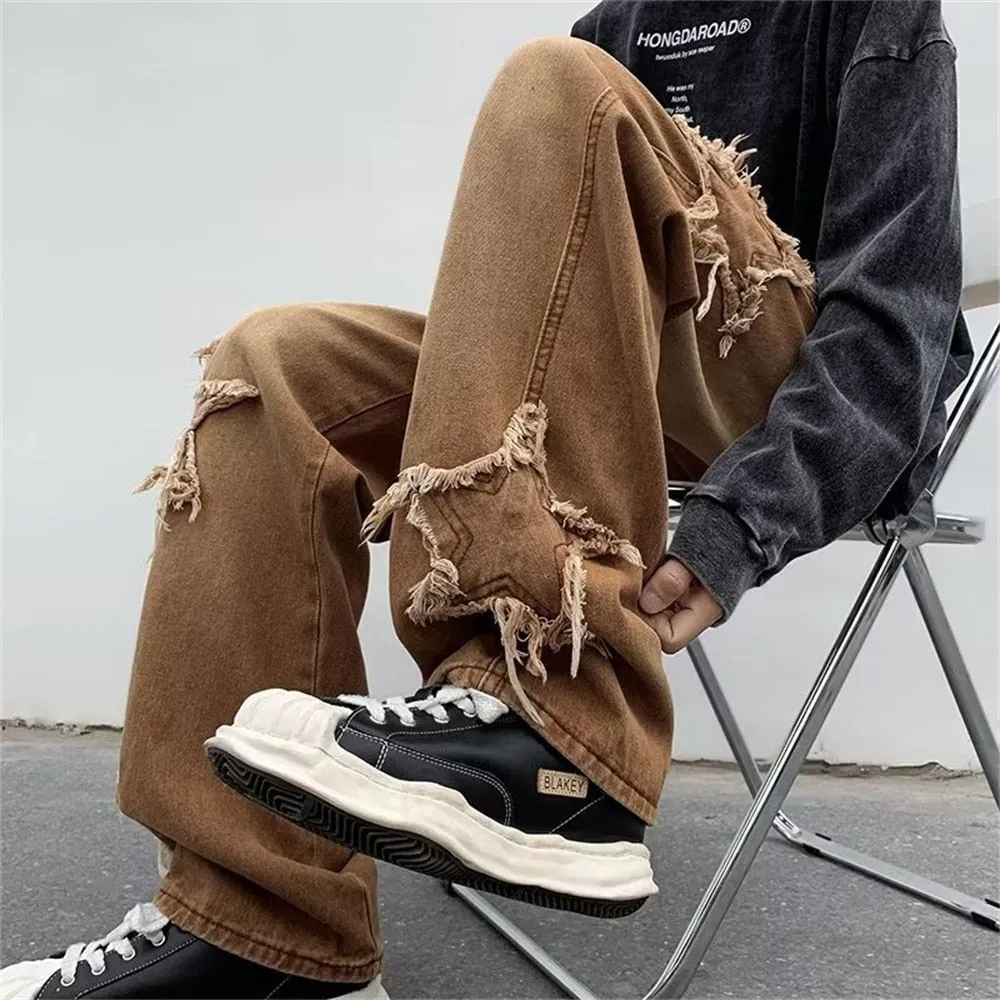 New Fashion Stars Embroidery Brown Baggy Men Jeans Y2K Clothes Straight Harajuku Wide Leg Denim Pants Cotton Trousers 2023