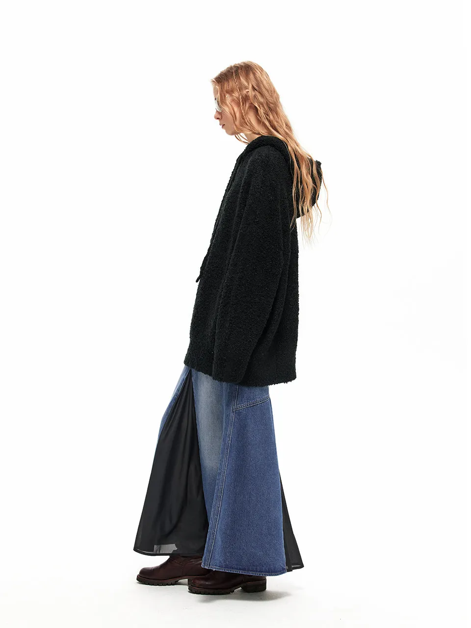 NUTH "Patchwork Fishtail Skirt" Contrast Color Denim Long Skirt(Blue)