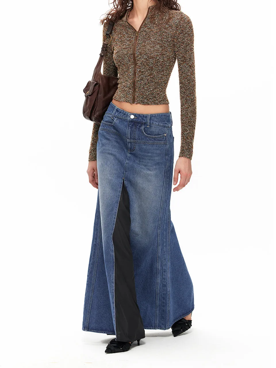 NUTH "Patchwork Fishtail Skirt" Contrast Color Denim Long Skirt(Blue)