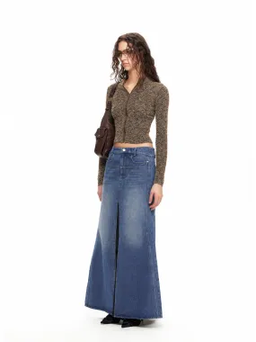 NUTH "Patchwork Fishtail Skirt" Contrast Color Denim Long Skirt(Blue)