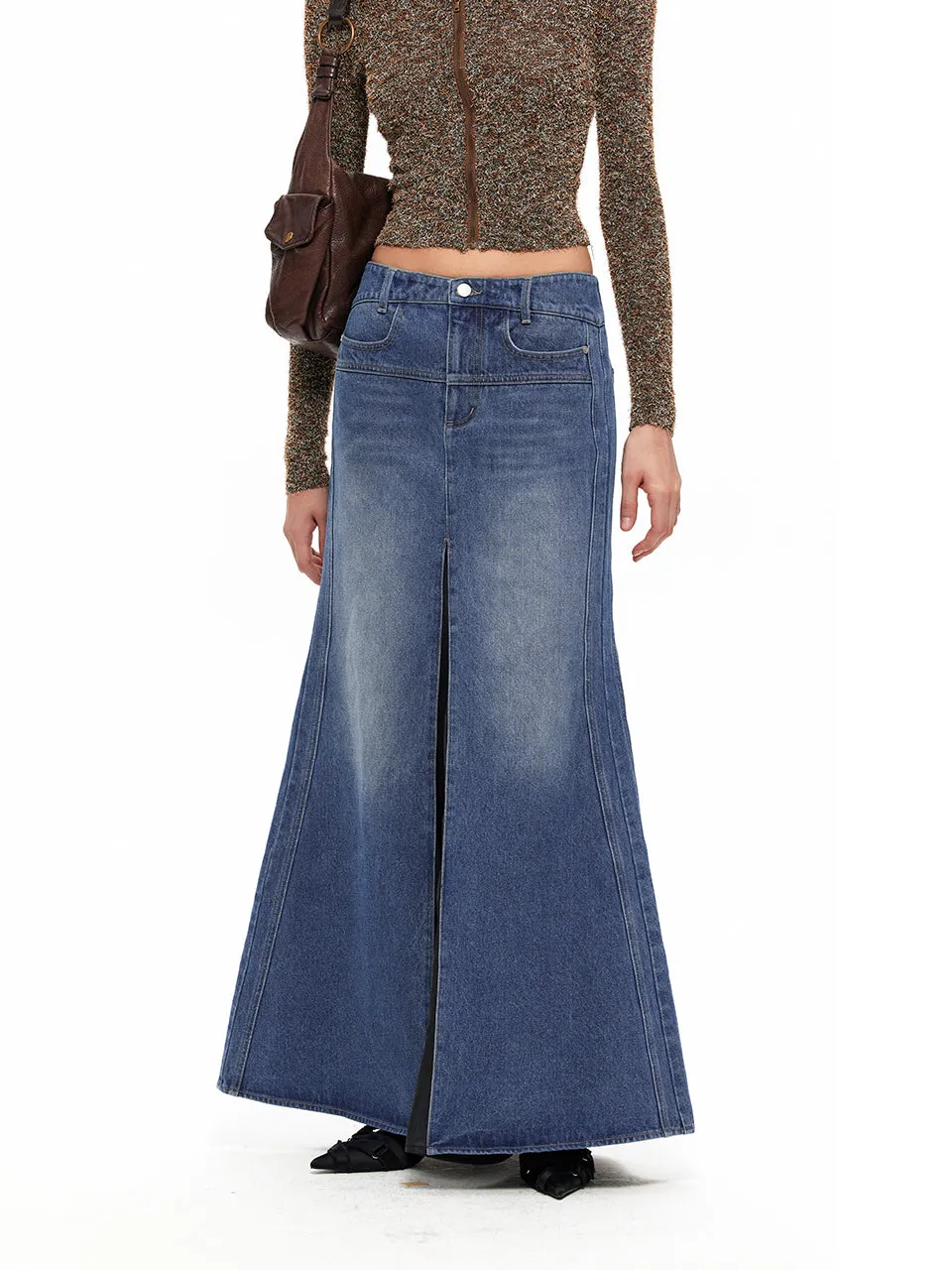 NUTH "Patchwork Fishtail Skirt" Contrast Color Denim Long Skirt(Blue)