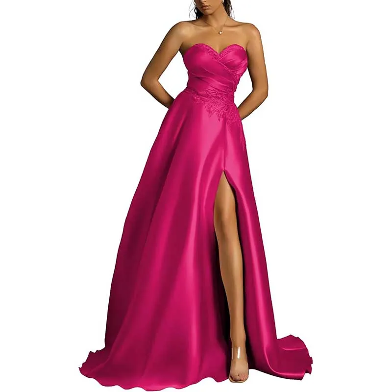 Off Shoulder Satin A-line Long Evening Dress High Split Lace-up Ball Gown