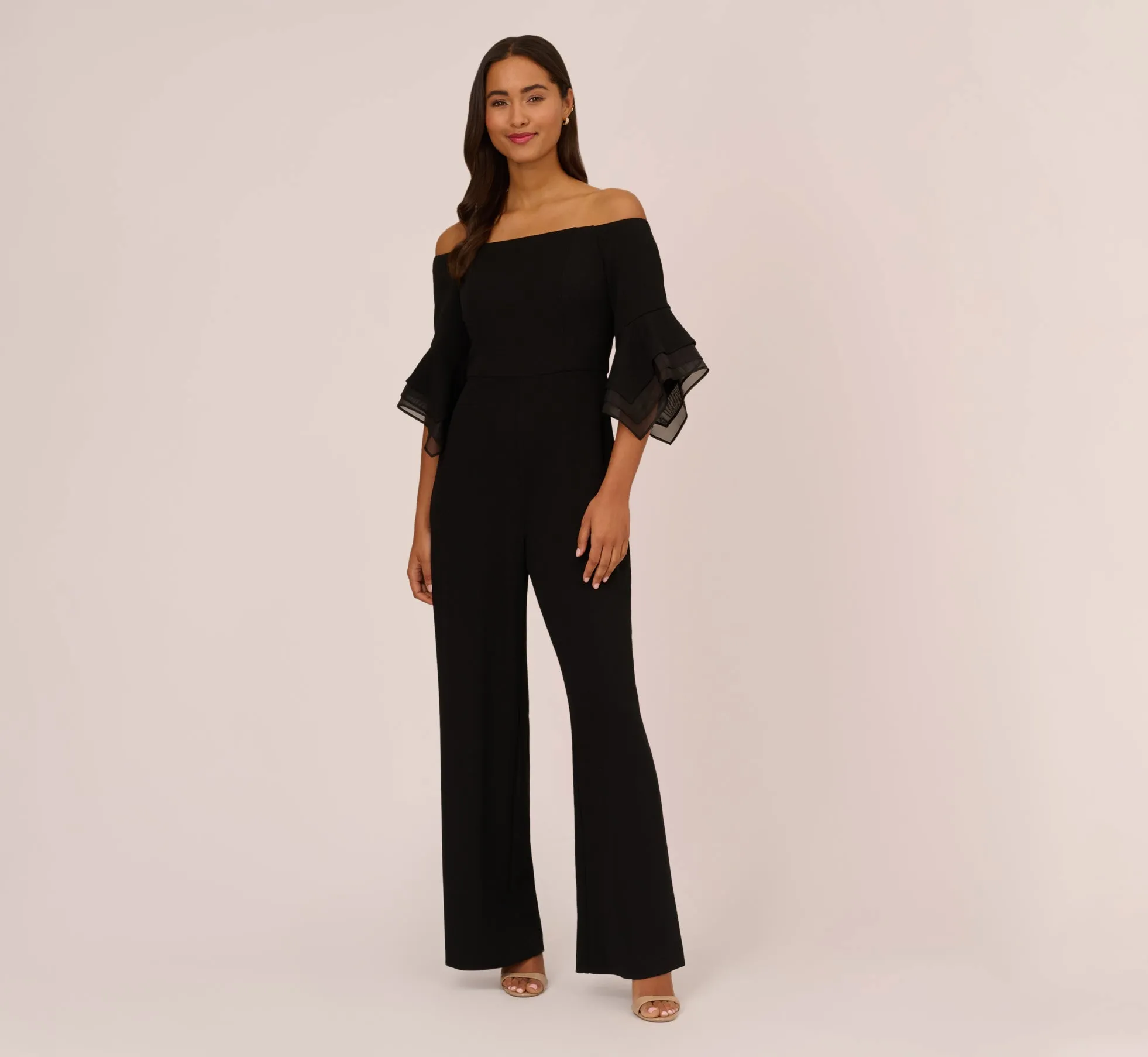 Off The Shoulder Crepe Jumpsuit With Organza Sleeves In Black