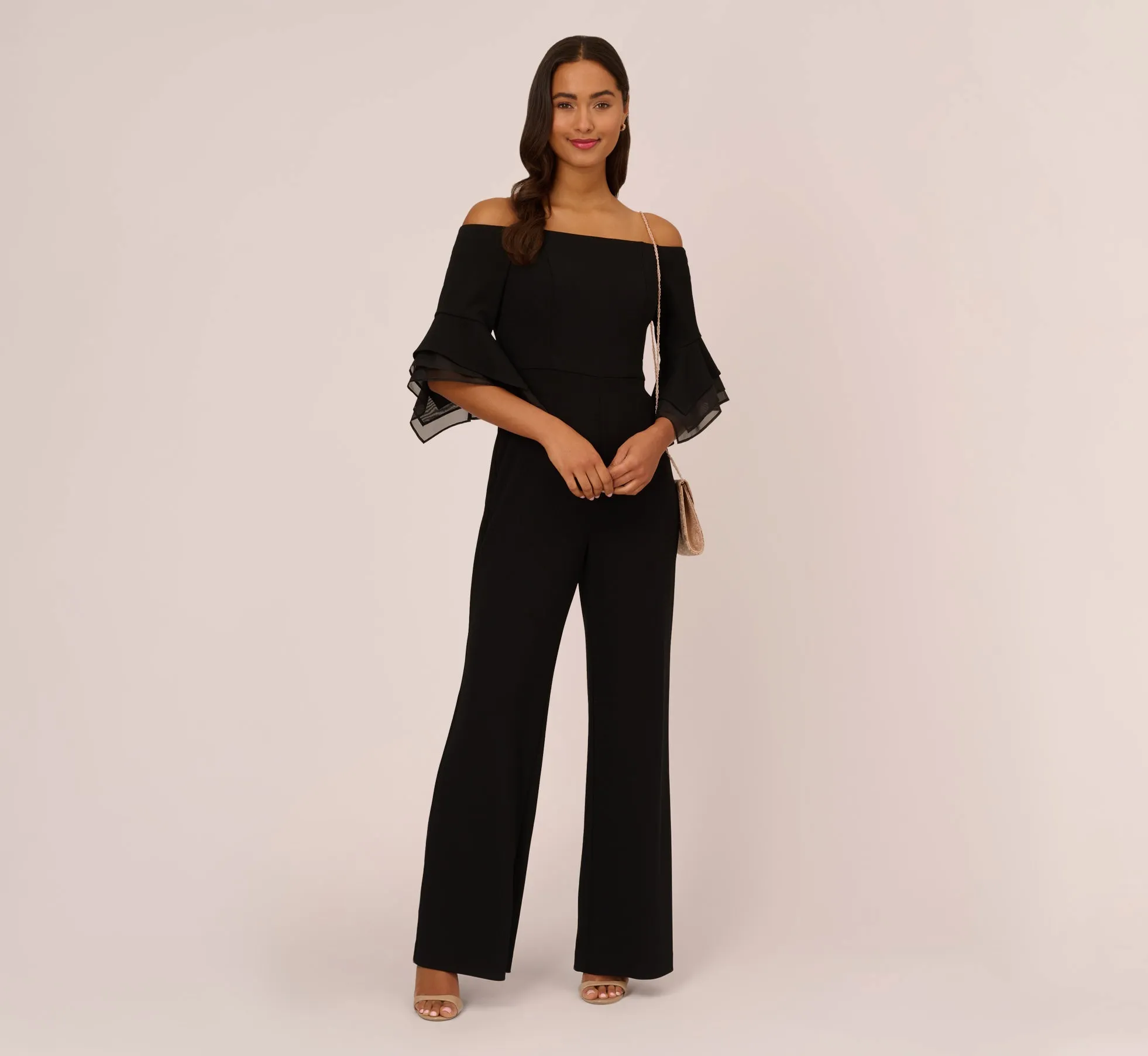 Off The Shoulder Crepe Jumpsuit With Organza Sleeves In Black