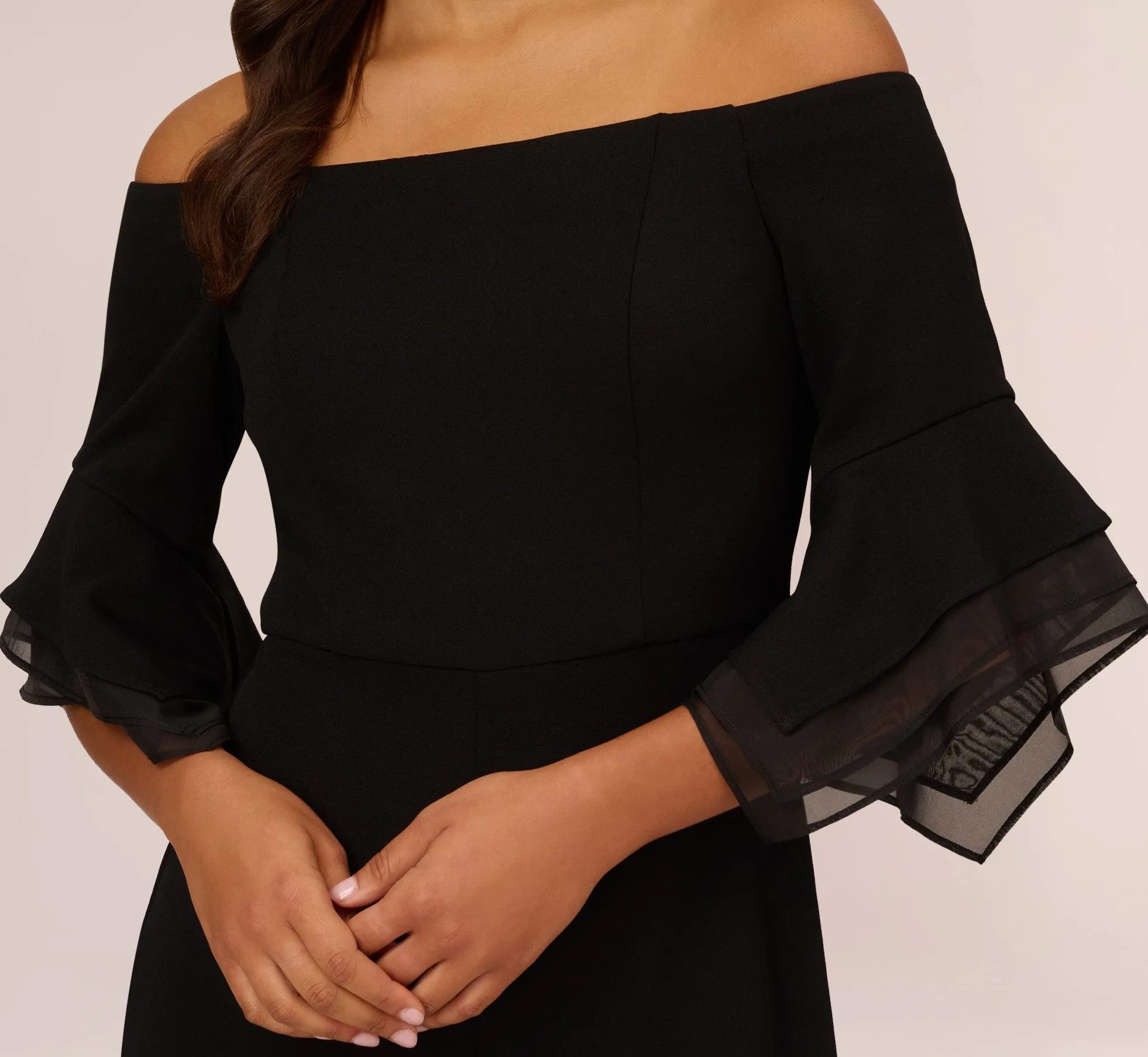 Off The Shoulder Crepe Jumpsuit With Organza Sleeves In Black