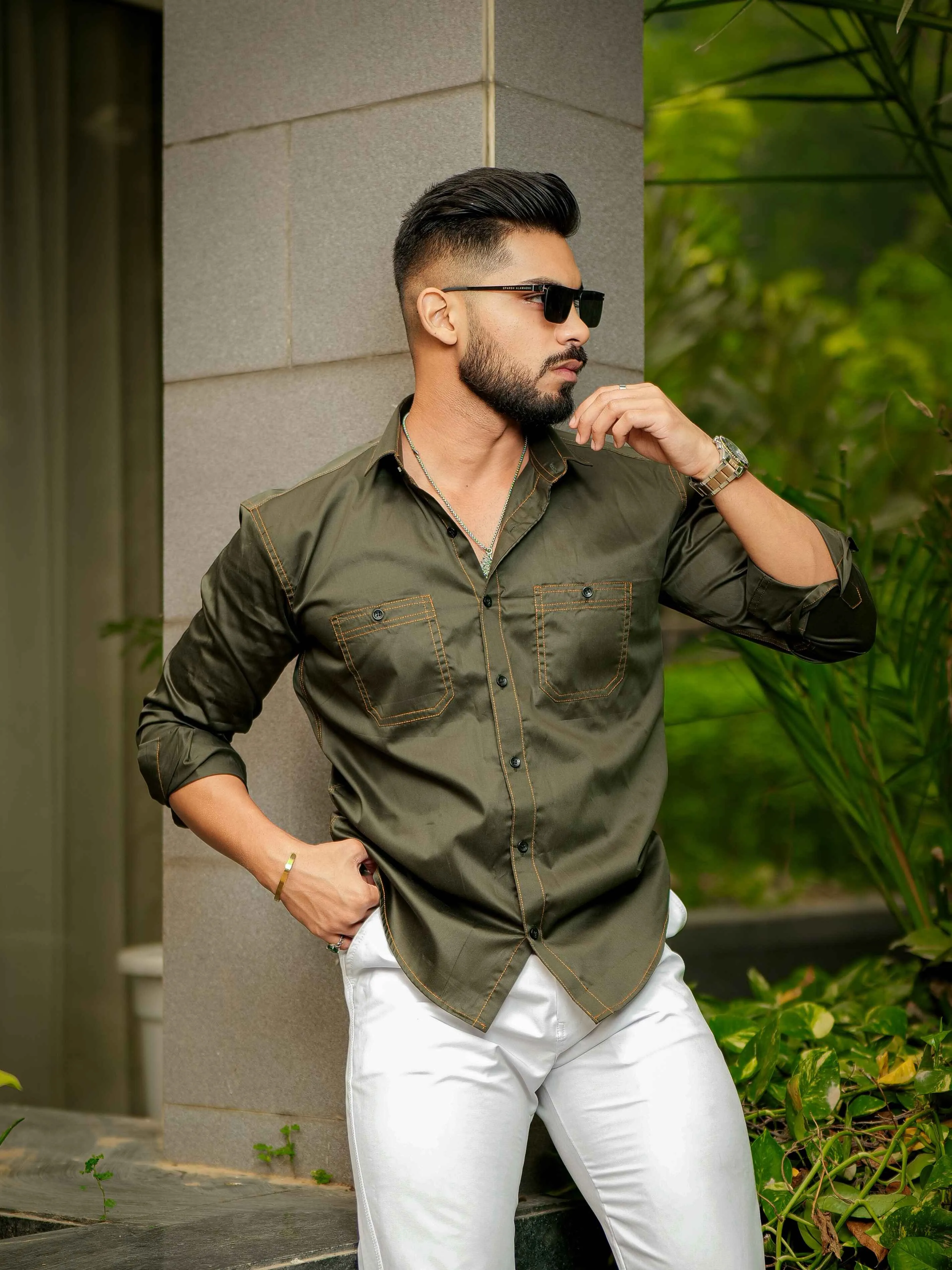 Olive Designer Giza Satin Cotton Shirt