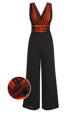 Orange 1930s Butterfly V-Neck Patchwork Jumpsuit