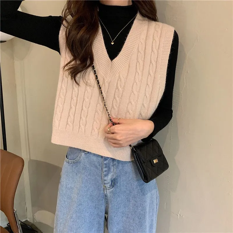 Oversized Cable Knit V Neck Knitted Tank Top Sweater