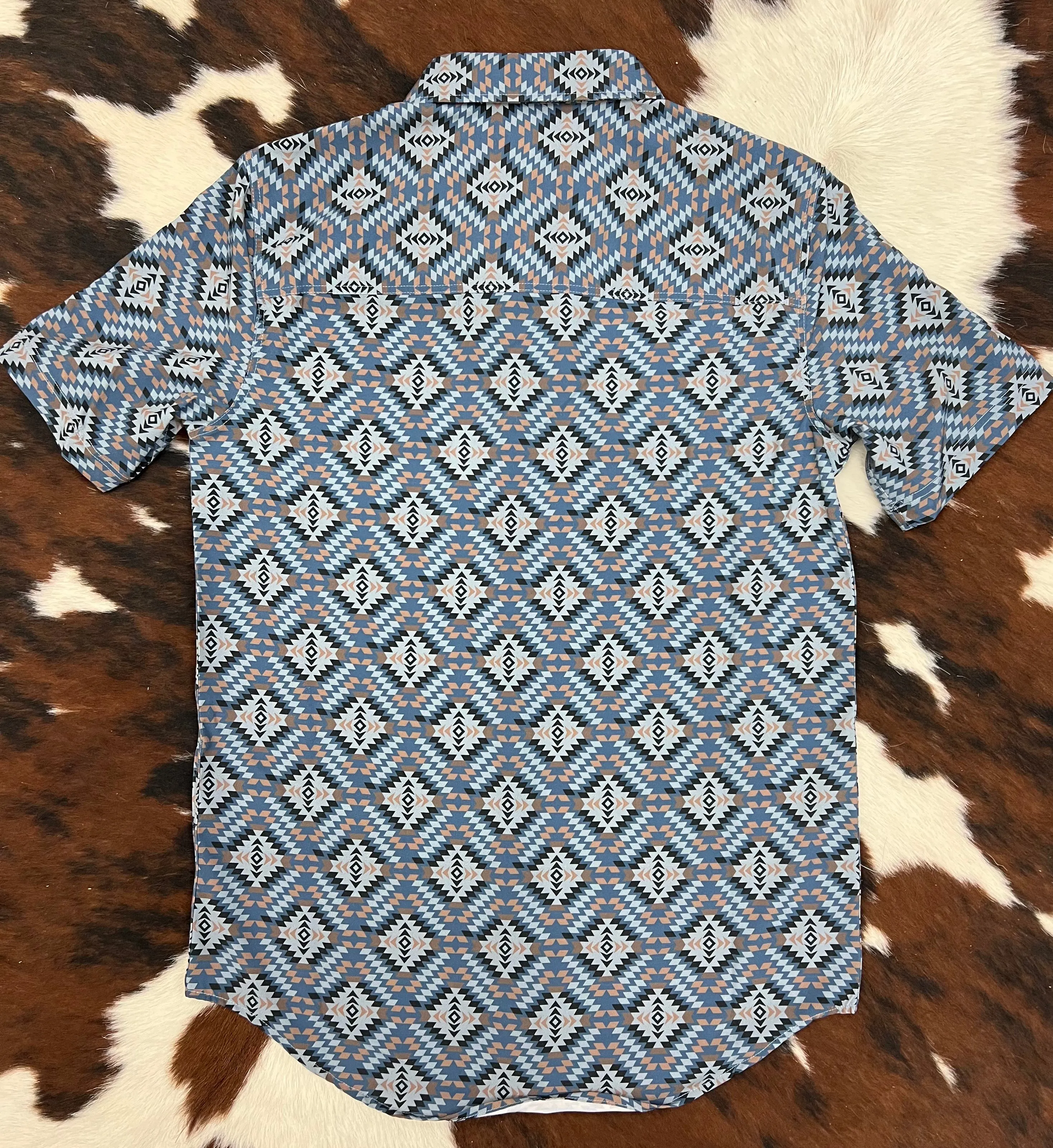 Panhandle Men's Performance Blue Aztec Print Button Short Sleeve Shirt PPMS1DR0VP