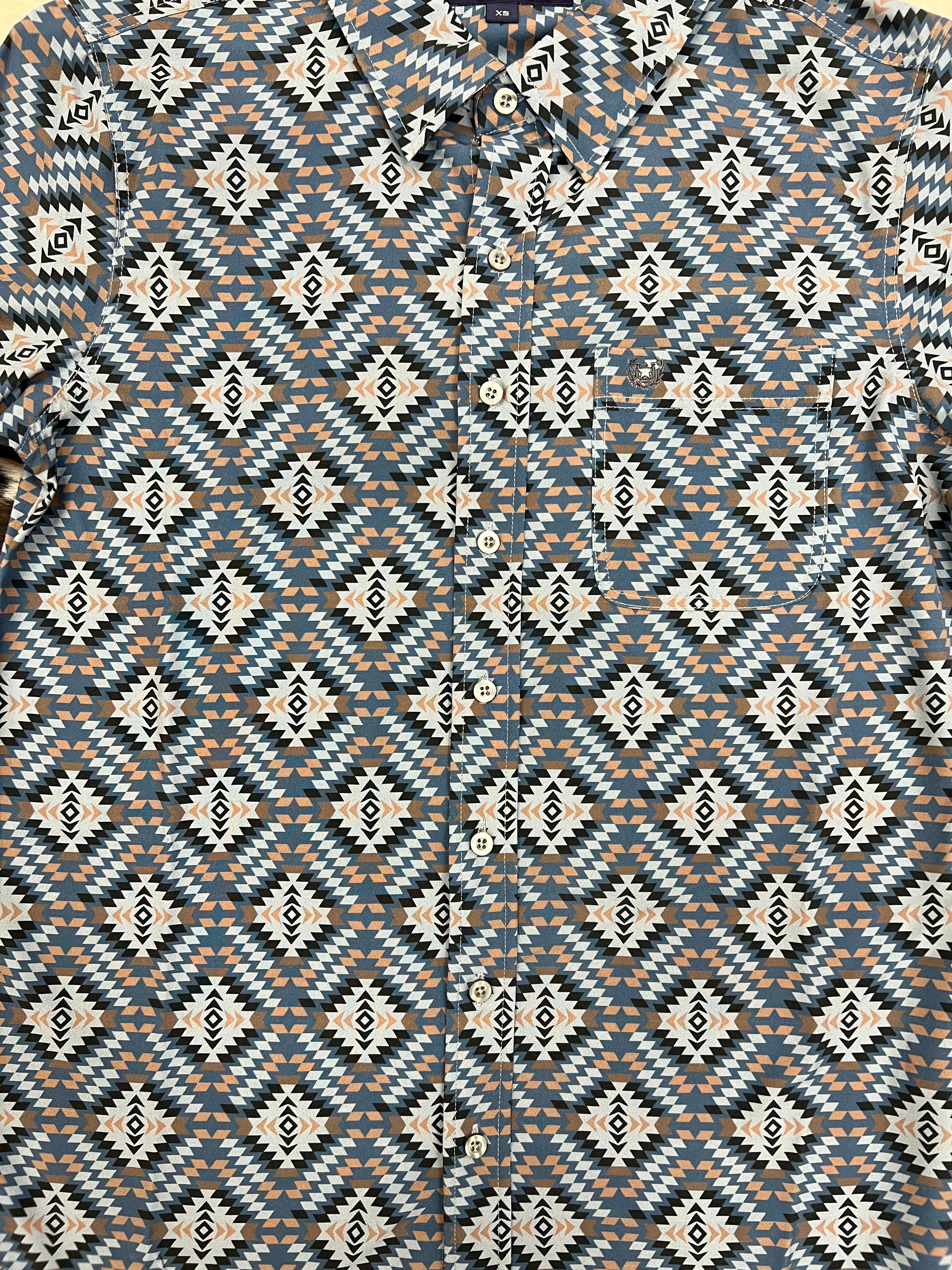 Panhandle Men's Performance Blue Aztec Print Button Short Sleeve Shirt PPMS1DR0VP