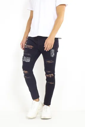 PATCH DETAIL DARK CHARCOAL SKINNY JEANS