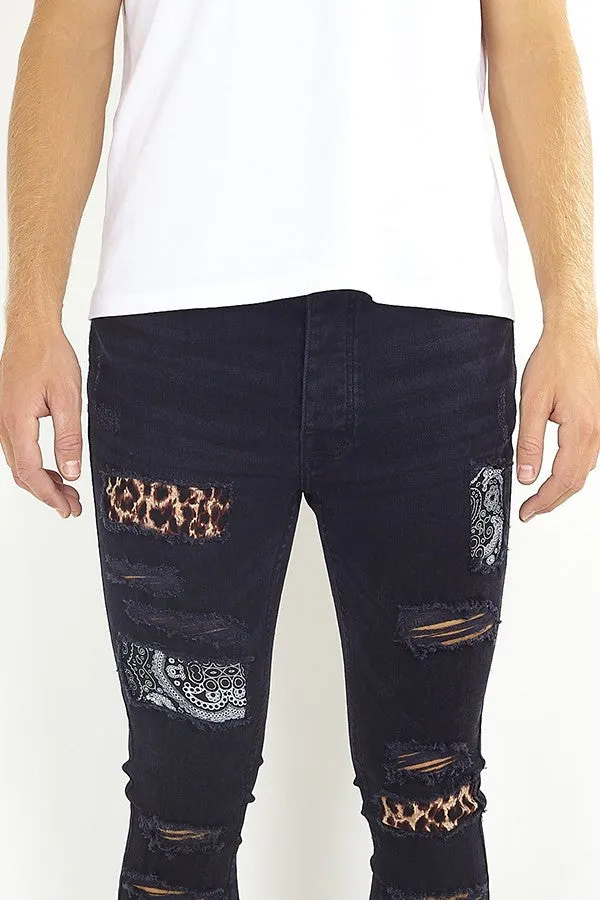 PATCH DETAIL DARK CHARCOAL SKINNY JEANS