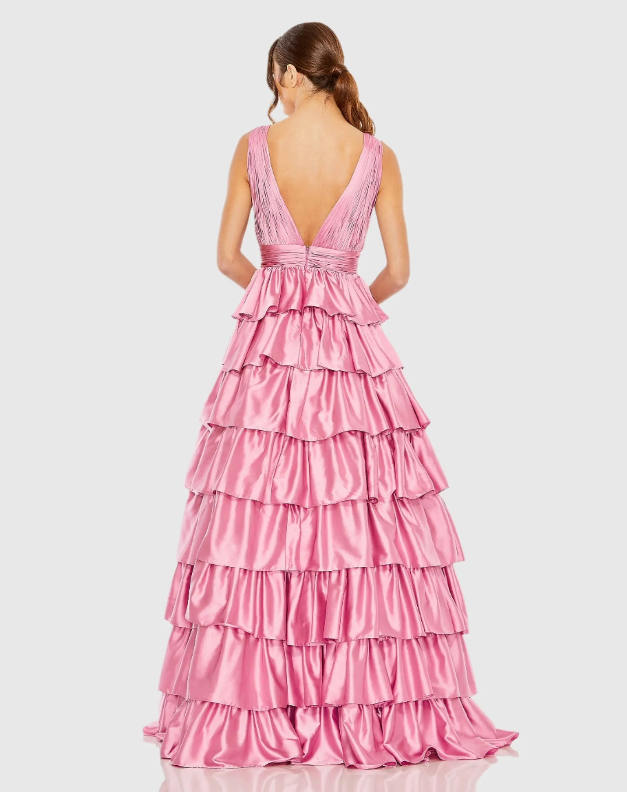 Pink Ruffle Tiered Pleated Sleeveless V Neck Gown