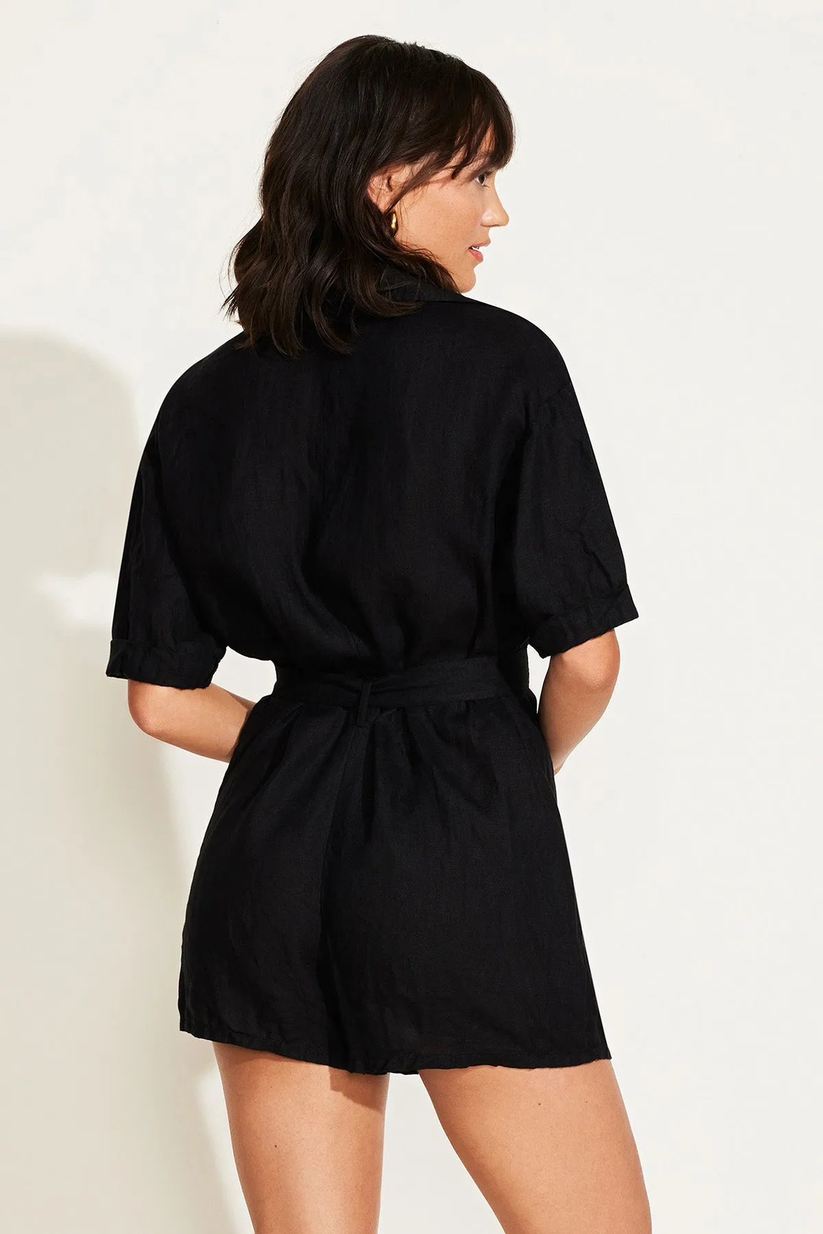 Playa Linen Short Romper - Black EcoLinen