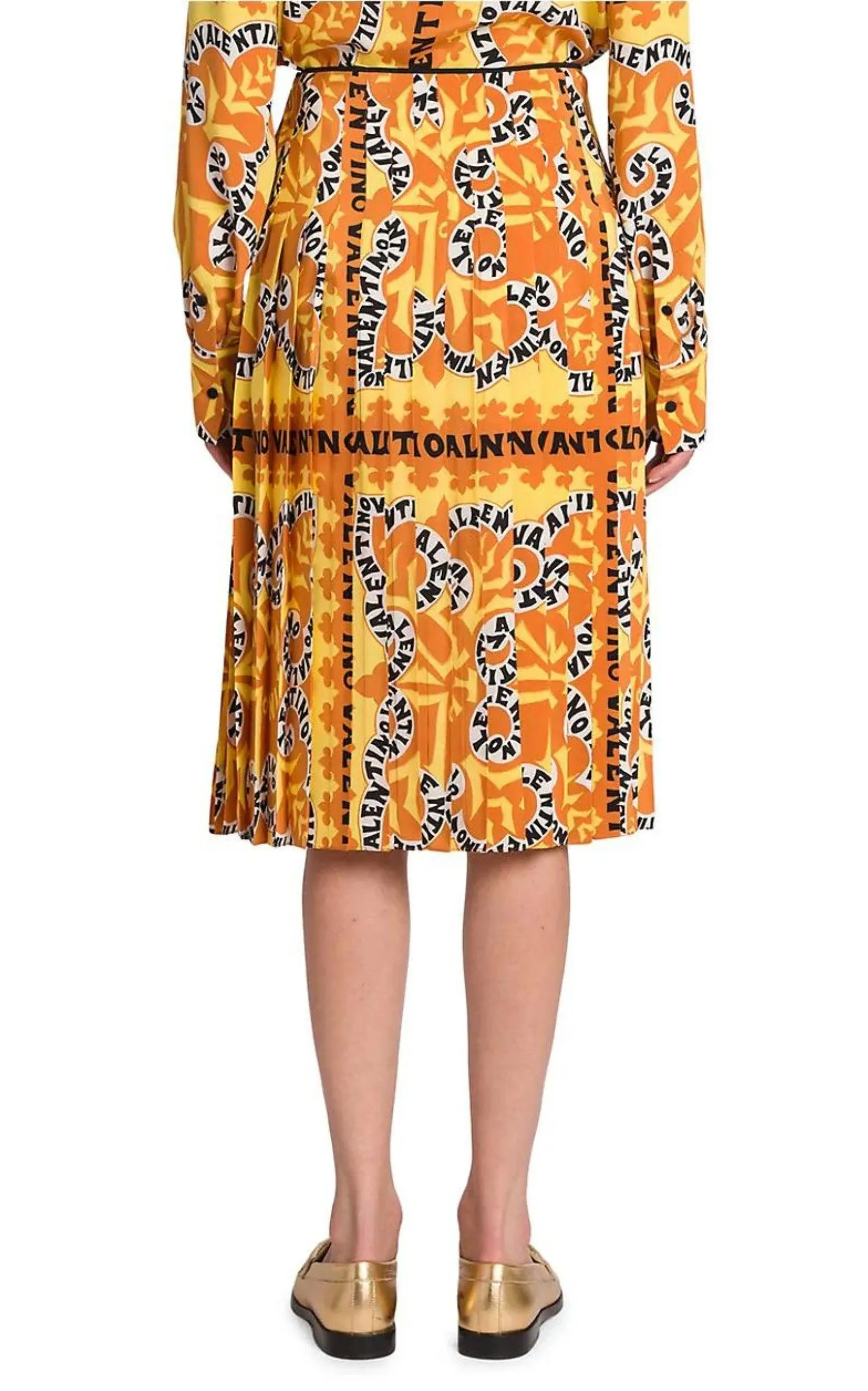 Pleated Logo Print Silk Midi Skirt