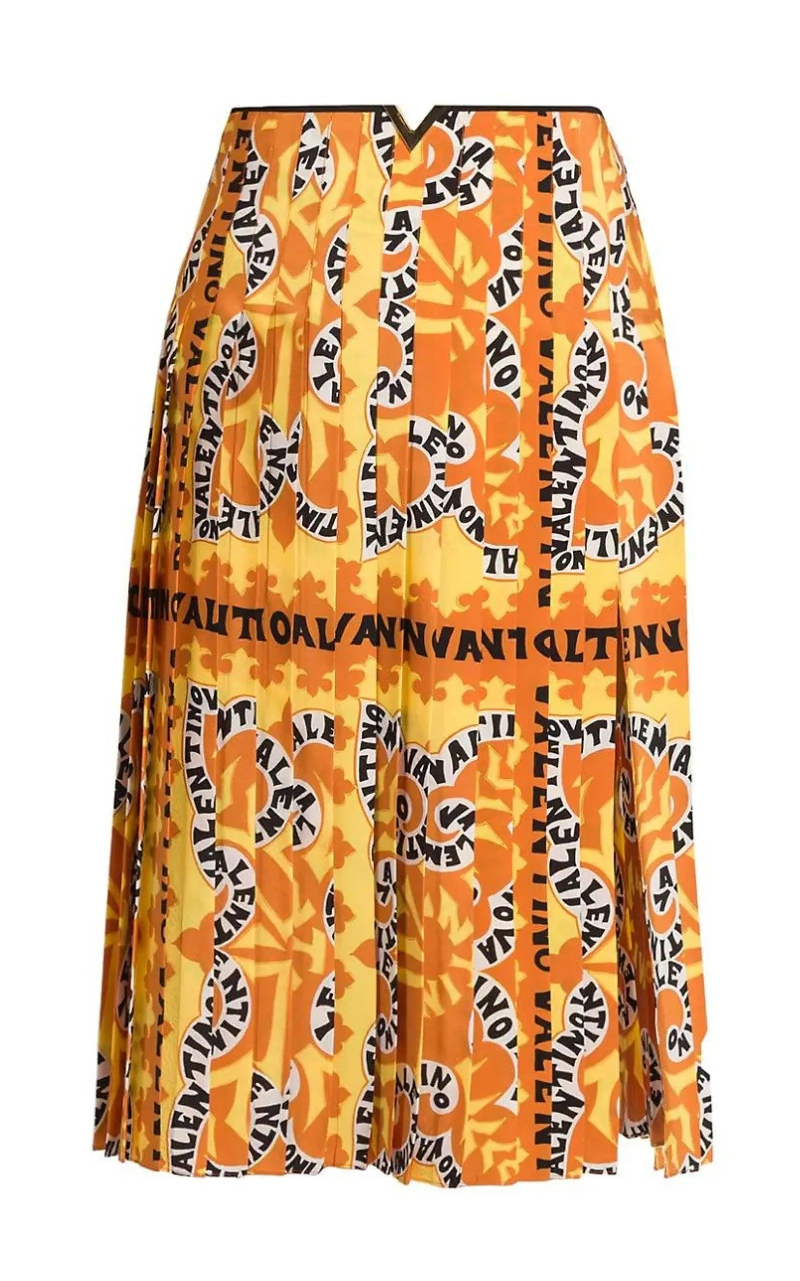 Pleated Logo Print Silk Midi Skirt