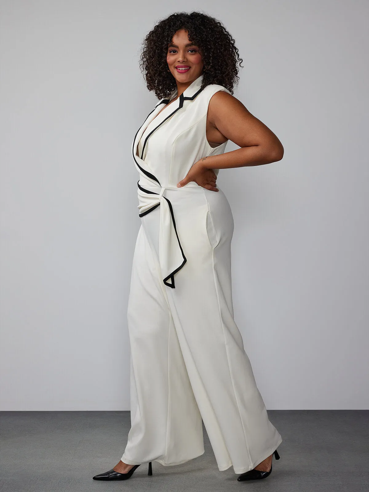 Plus Piped Lapel Wrap Jumpsuit