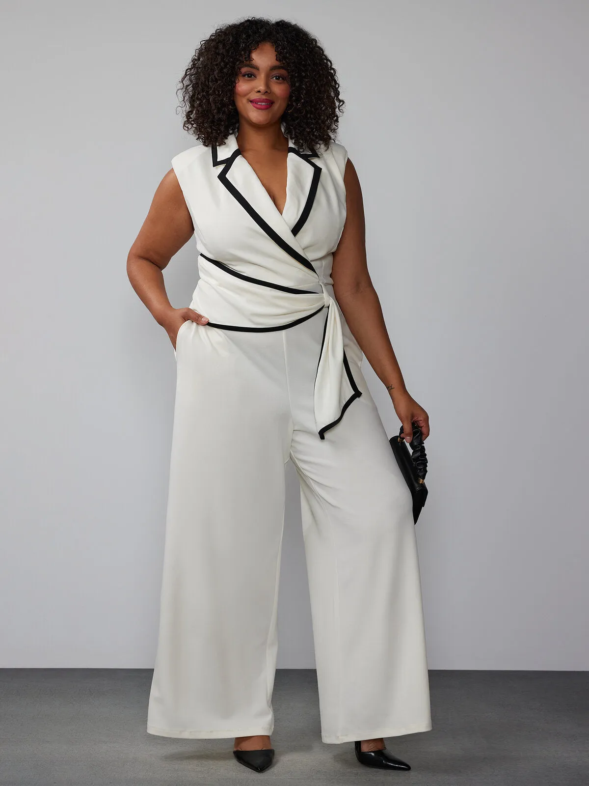 Plus Piped Lapel Wrap Jumpsuit