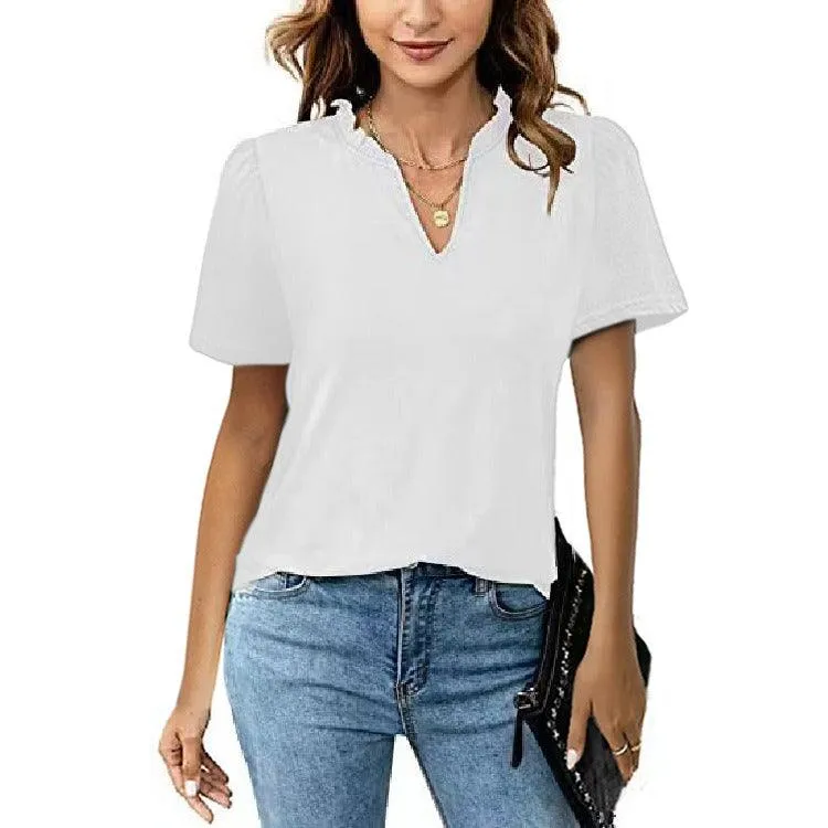 Popular Edge V-Neck Pleated Casual Short Sleeve Shirt