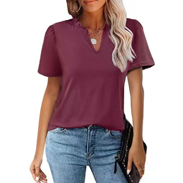 Popular Edge V-Neck Pleated Casual Short Sleeve Shirt