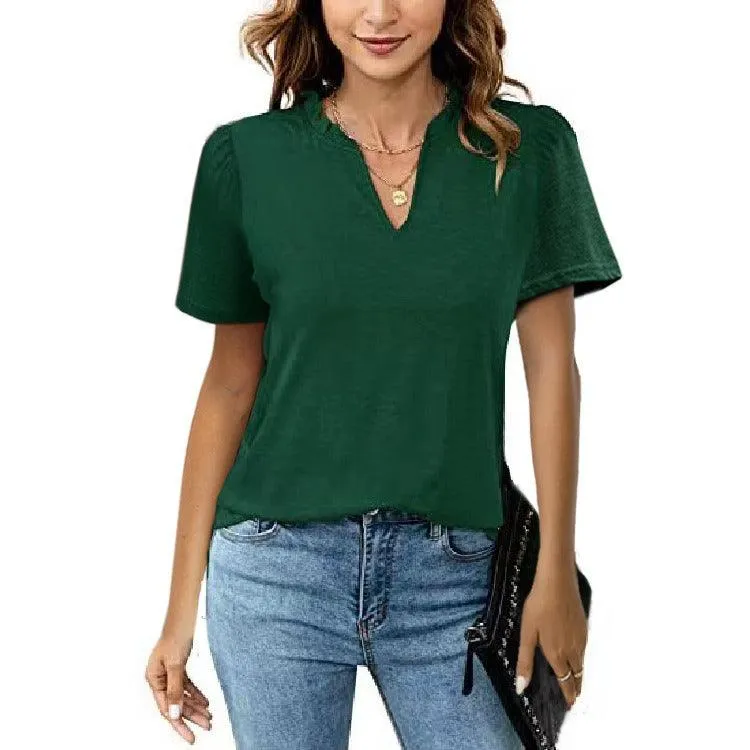 Popular Edge V-Neck Pleated Casual Short Sleeve Shirt