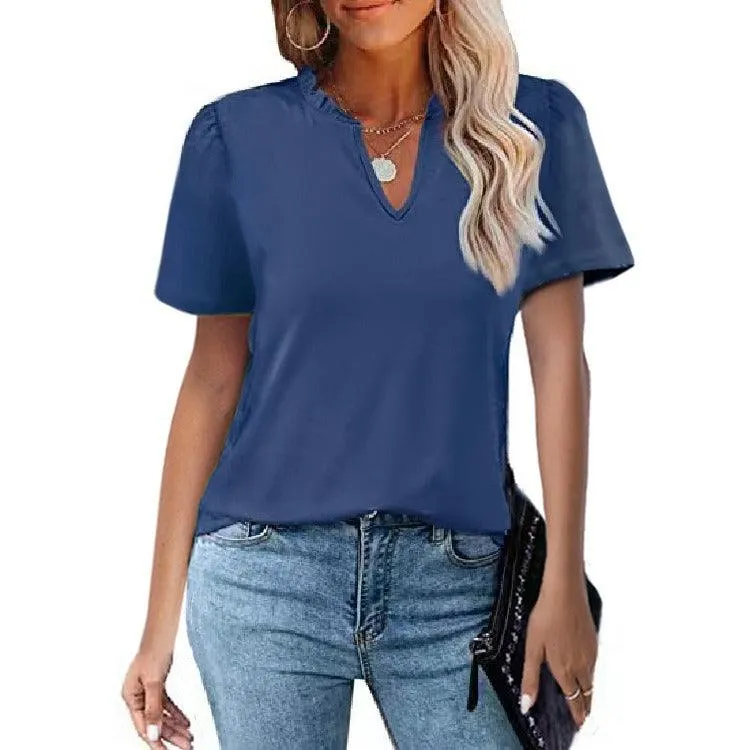 Popular Edge V-Neck Pleated Casual Short Sleeve Shirt