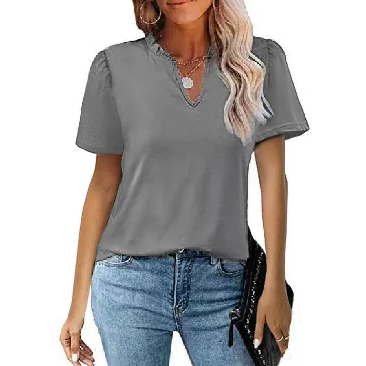 Popular Edge V-Neck Pleated Casual Short Sleeve Shirt