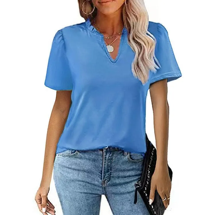 Popular Edge V-Neck Pleated Casual Short Sleeve Shirt