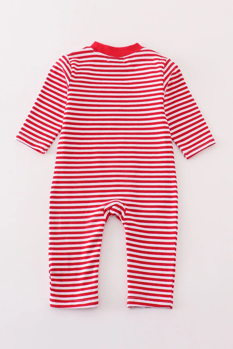 Premium red stripe dinosaur applique girl romper