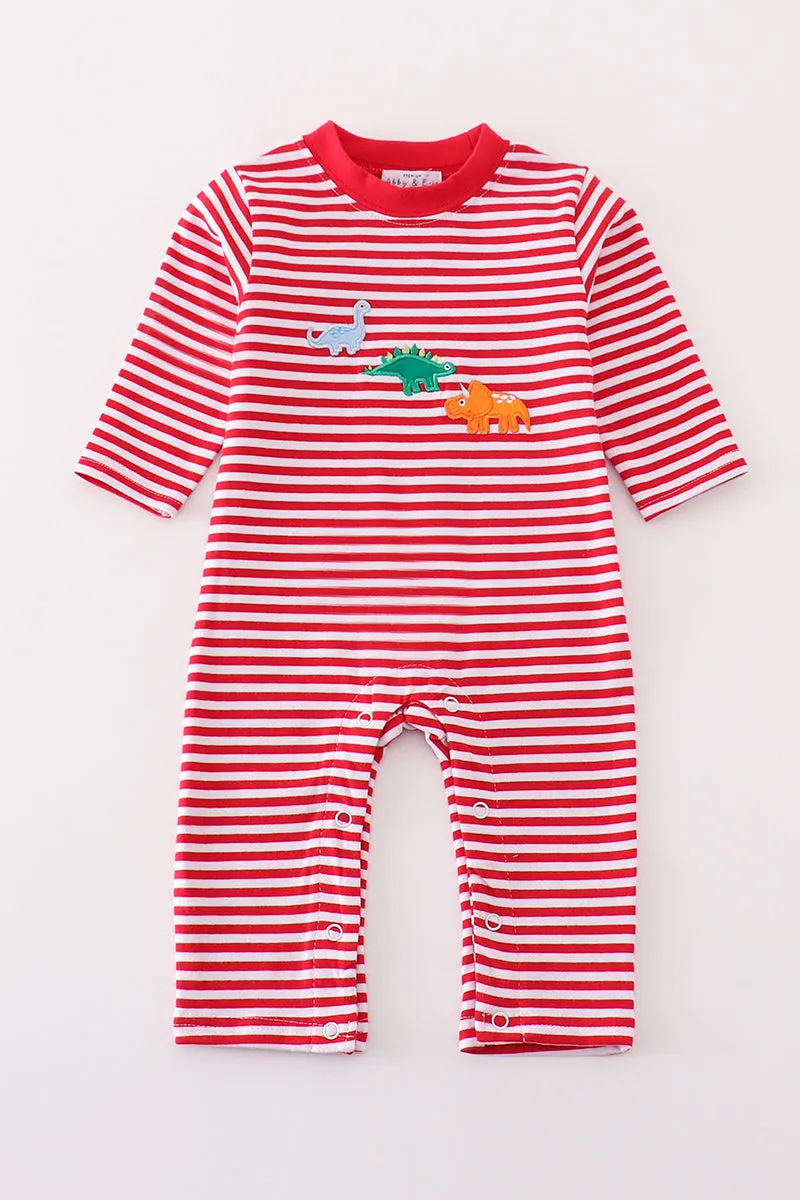 Premium red stripe dinosaur applique girl romper