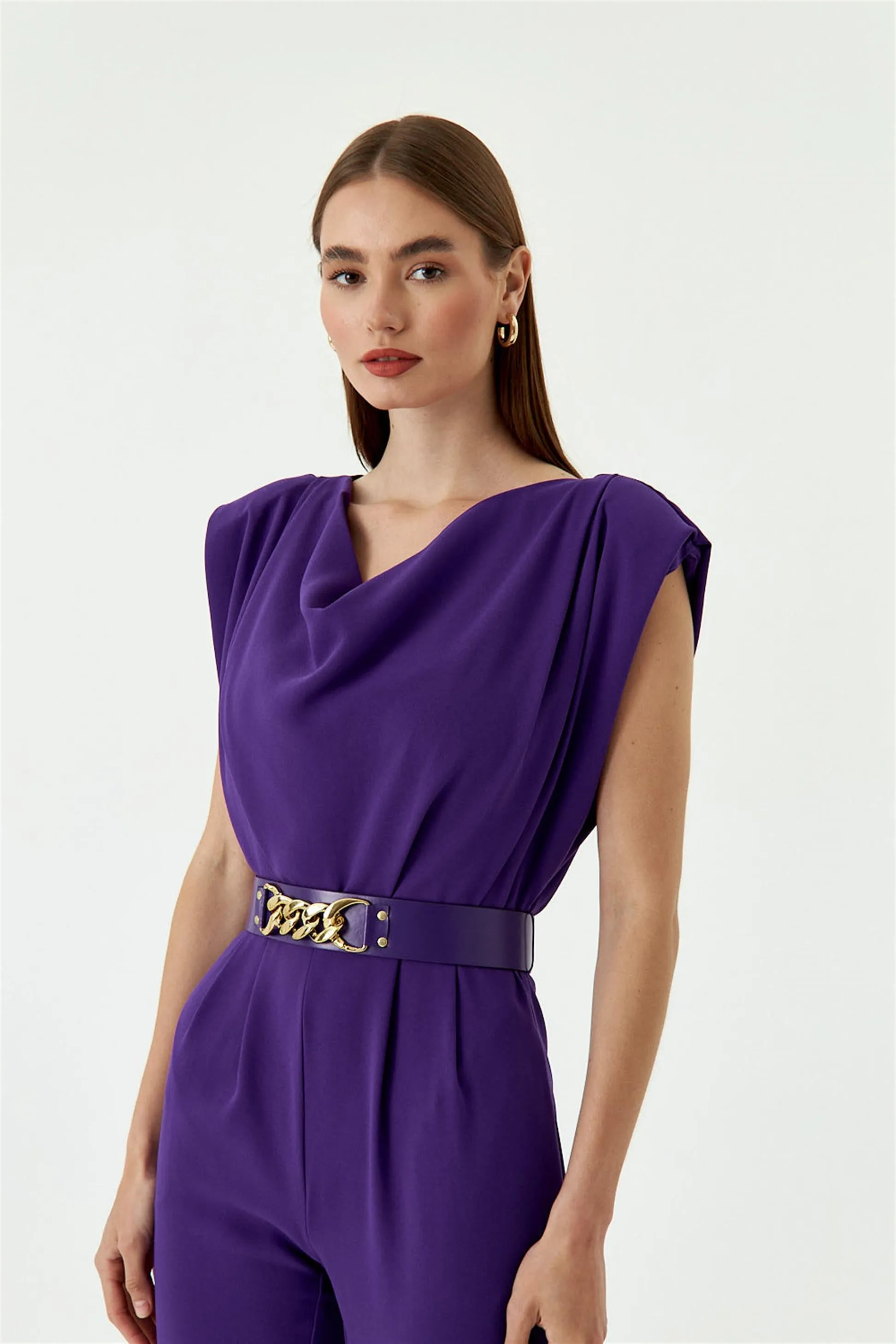 Purple Women's Formal Jumpsuit With Collar Belt