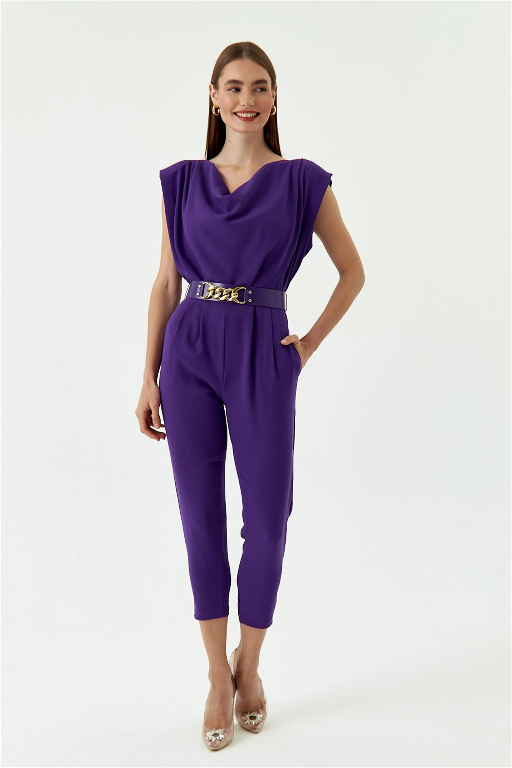 Purple Women's Formal Jumpsuit With Collar Belt