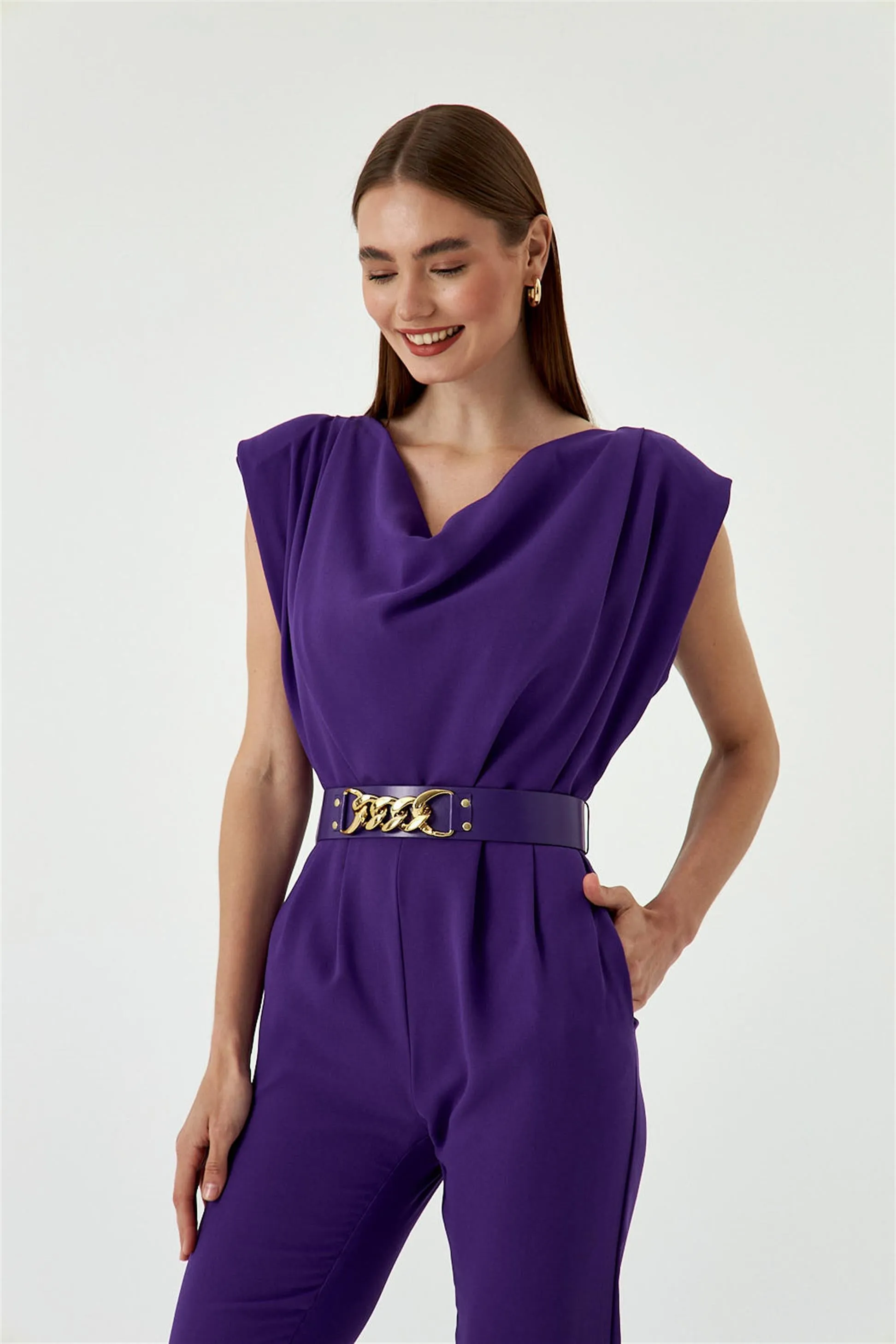 Purple Women's Formal Jumpsuit With Collar Belt