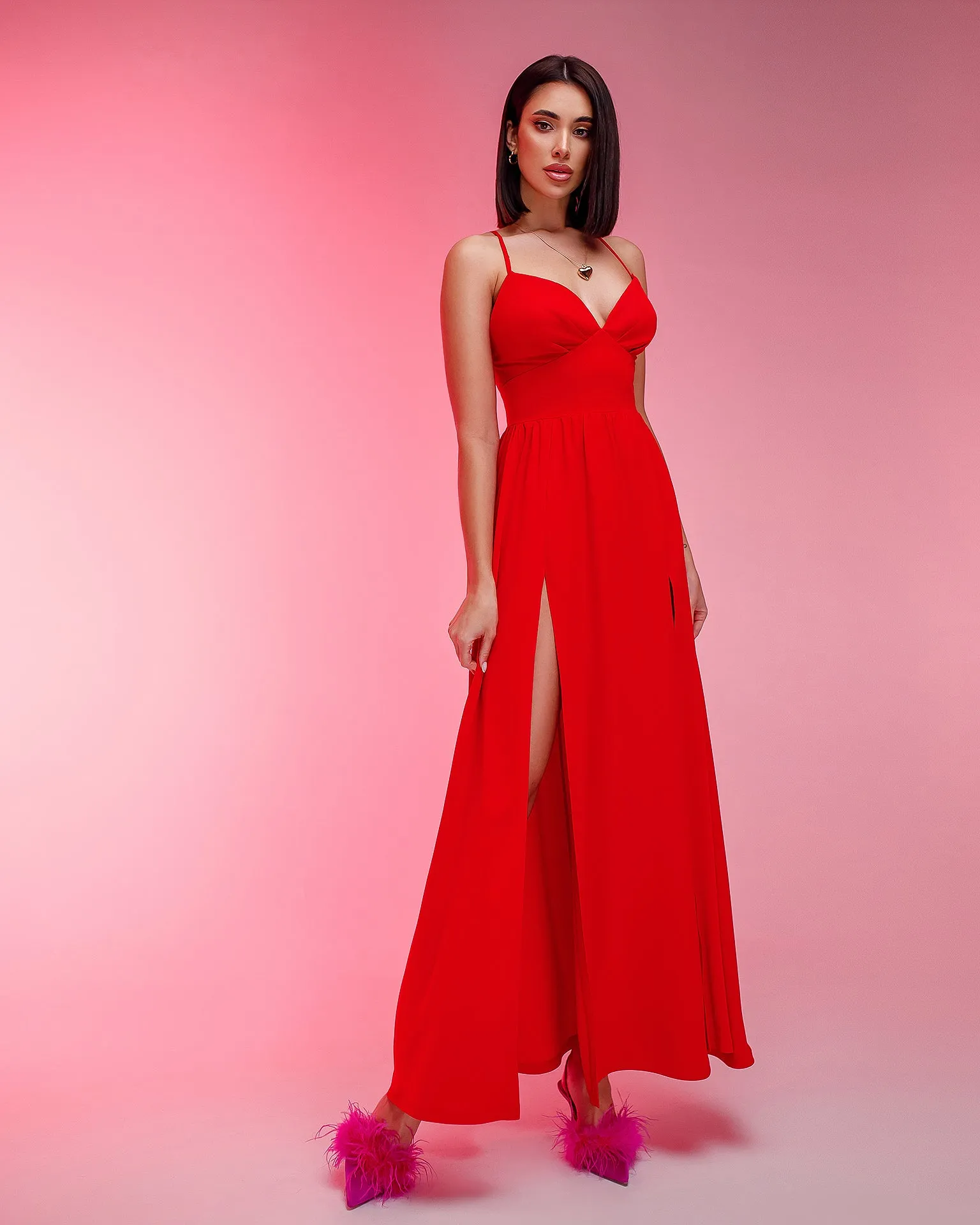 Red V-Neck Slip Midi Dress