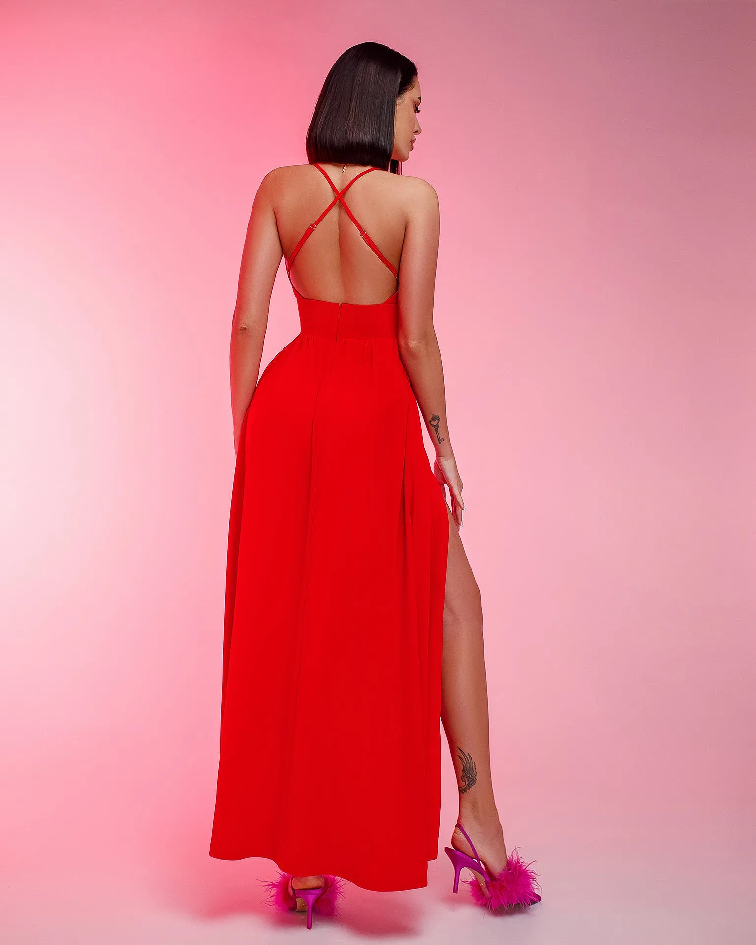 Red V-Neck Slip Midi Dress