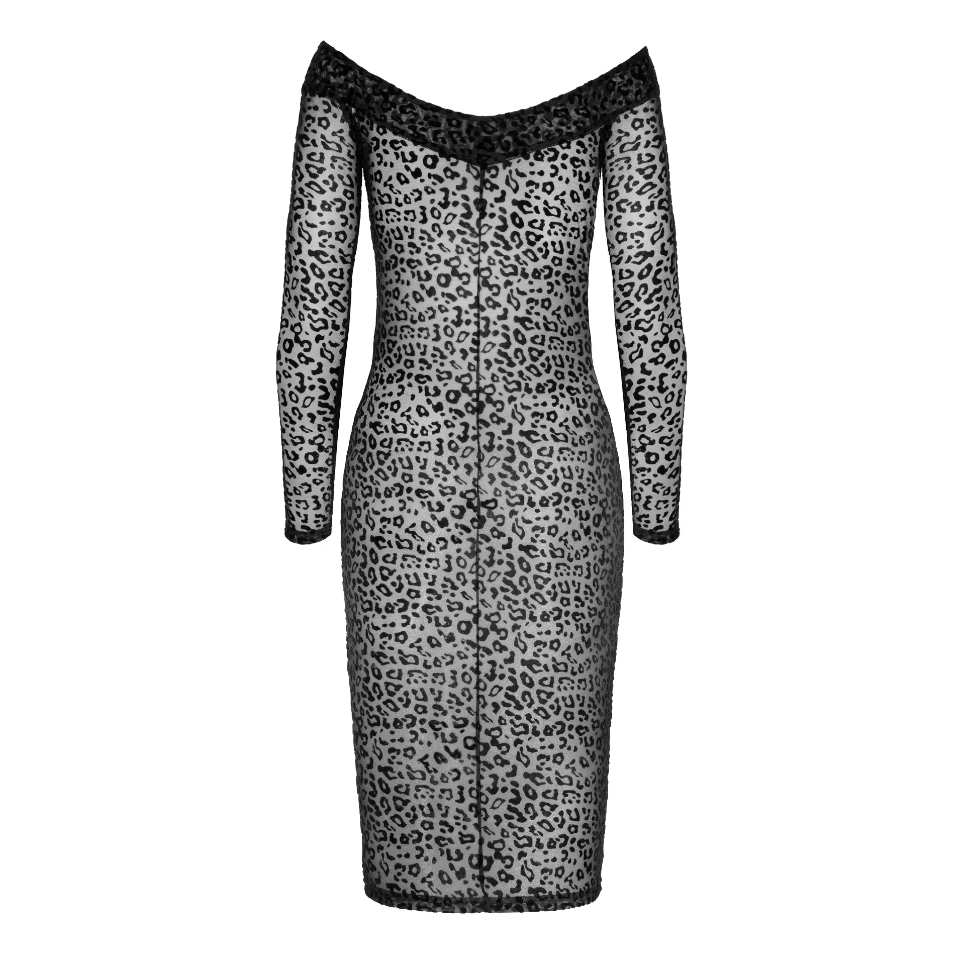 See Through Leopard Flock Midi-Dress Noir Handmade