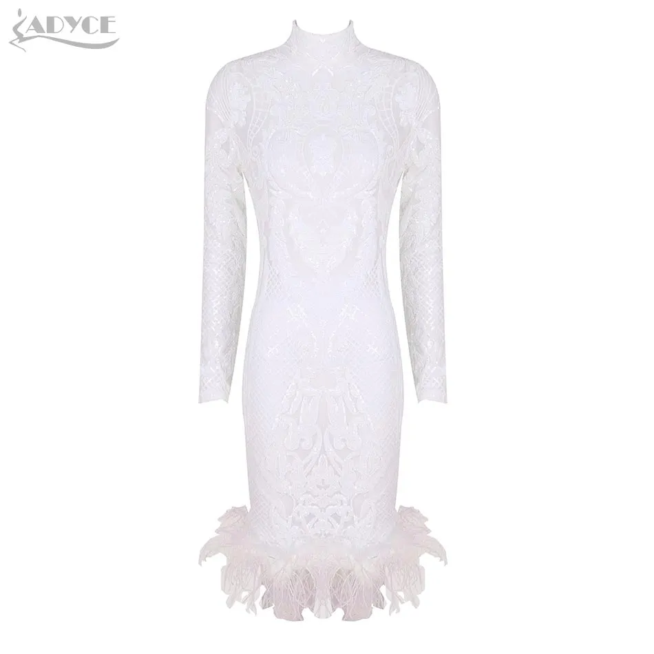 Sequins Feather Embellished Sexy Long Sleeve Woman Dress