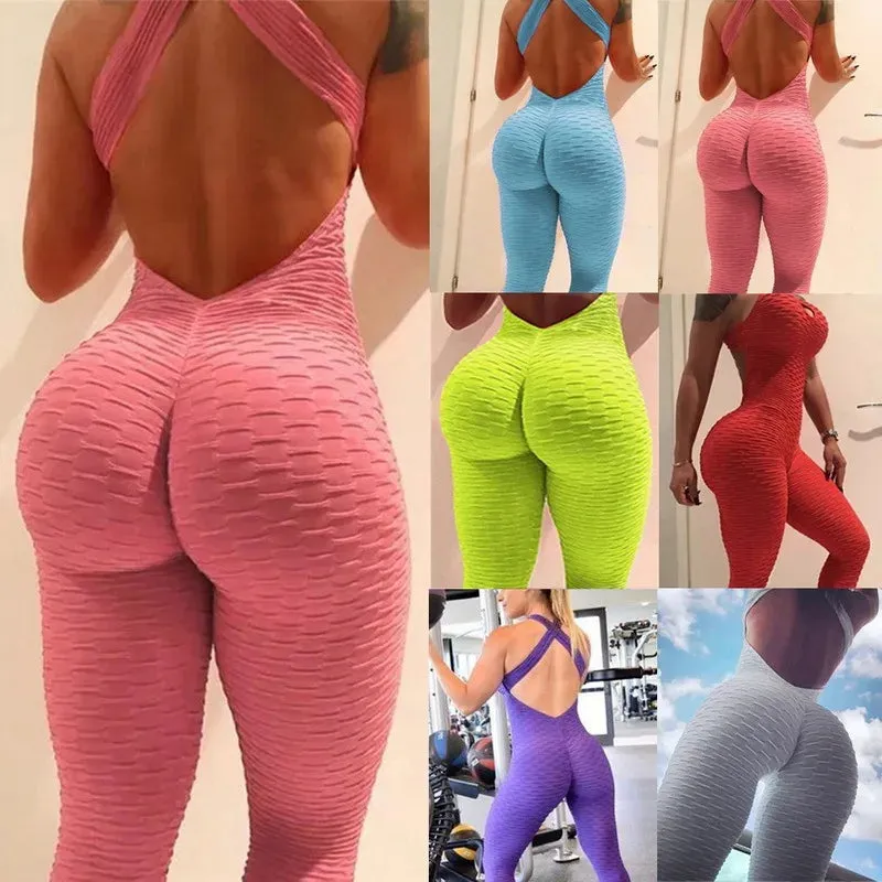 Sexy Women's Soft Tracksuit Yoga jumpsuit Pants High Waist Gym Play bubble bodysuit cross back fitness pants yoga leggings